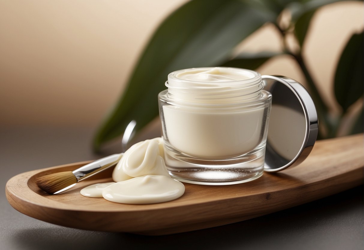 A tube of skin-smoothing cream sits next to a delicate brush, with soft lighting highlighting the gentle curves of the under-eye area