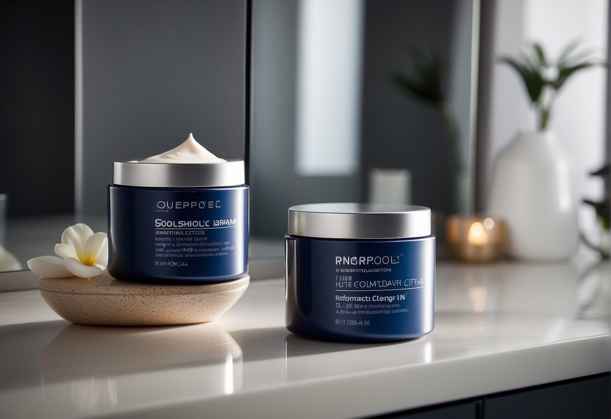 A tube of skin-smoothing cream sits on a bathroom counter, with soft lighting highlighting the product's label and the smooth surface of the counter