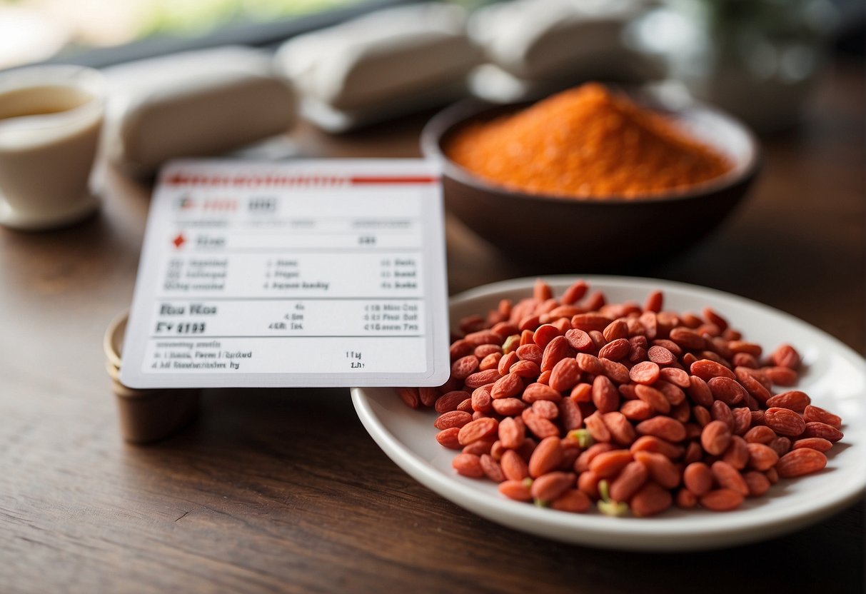 A bowl of goji berries sits on a table next to a Costco membership card and a list of potential risks and considerations