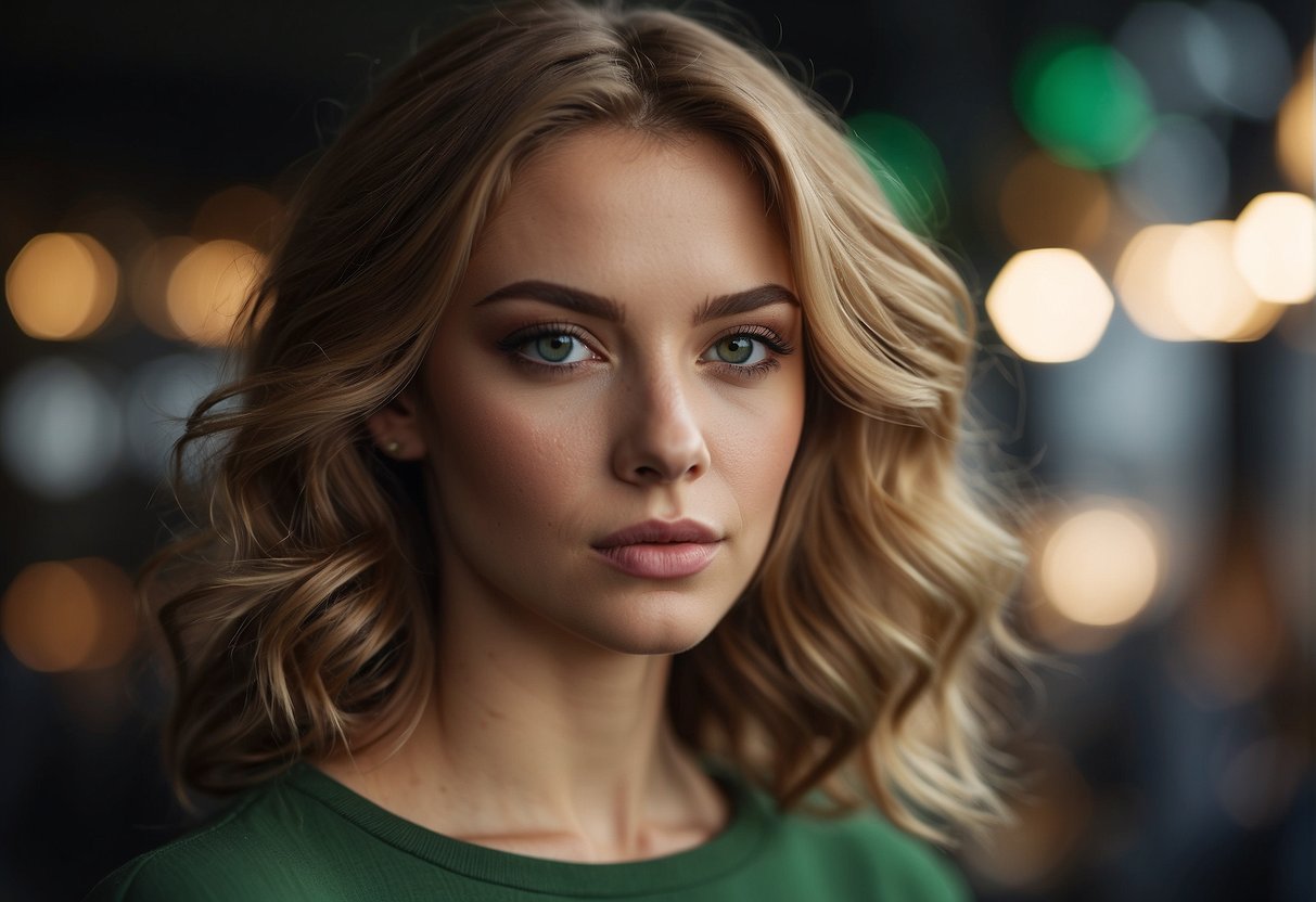 A person with green eyes and fair skin with a hair color that complements their features