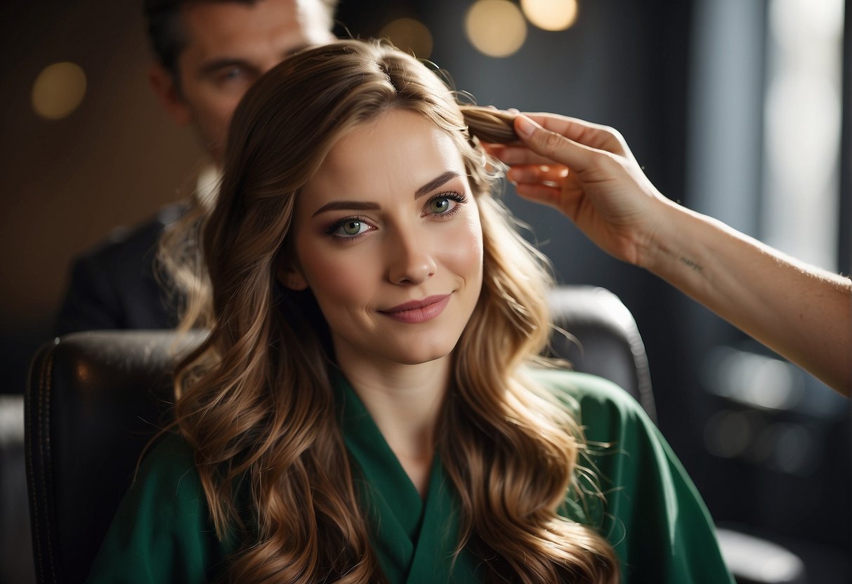 A person with green eyes and fair skin receiving hair color and care advice