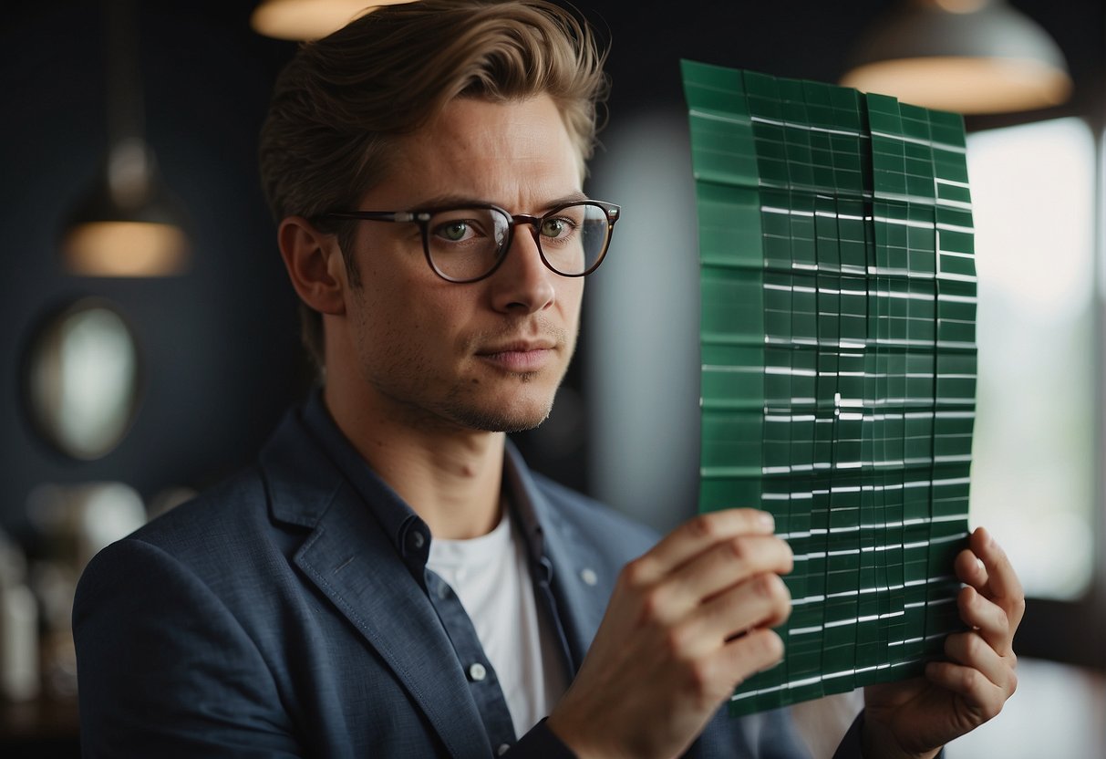 A person with green eyes and fair skin is pondering while holding up different hair color swatches