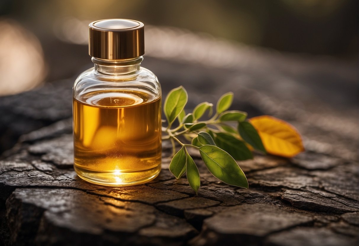 A bottle of body oil next to a cracked, dry skin