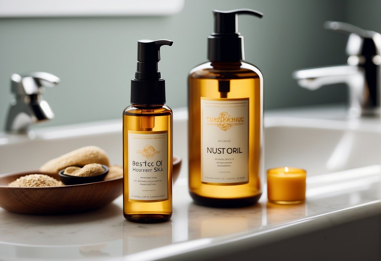 A bottle of nourishing oil sits on a bathroom counter, surrounded by dry skin products. The label reads "Best Oil for Very Dry Skin."