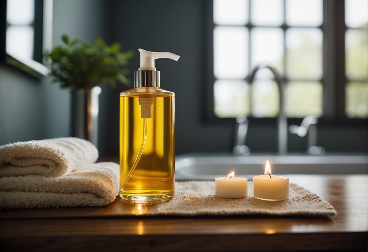 A bottle of body oil sits on a bathroom counter, surrounded by dry skin lotion and a towel. The label reads "for very dry skin."