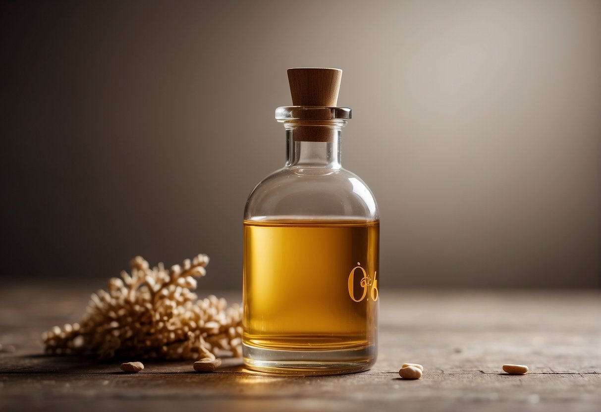 A bottle of body oil next to a dry skin symbol, with a question mark above it