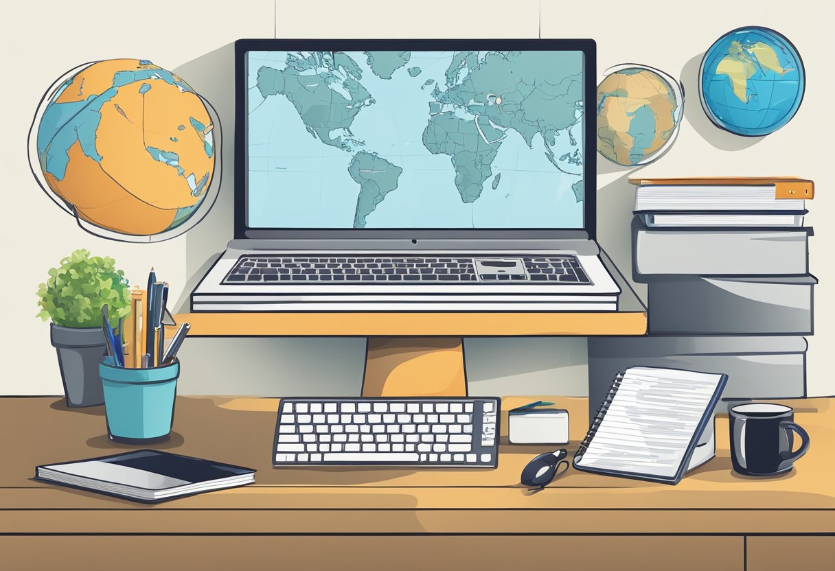 An office desk with a computer, phone, and notepad. A world map and SEO-related books on the wall