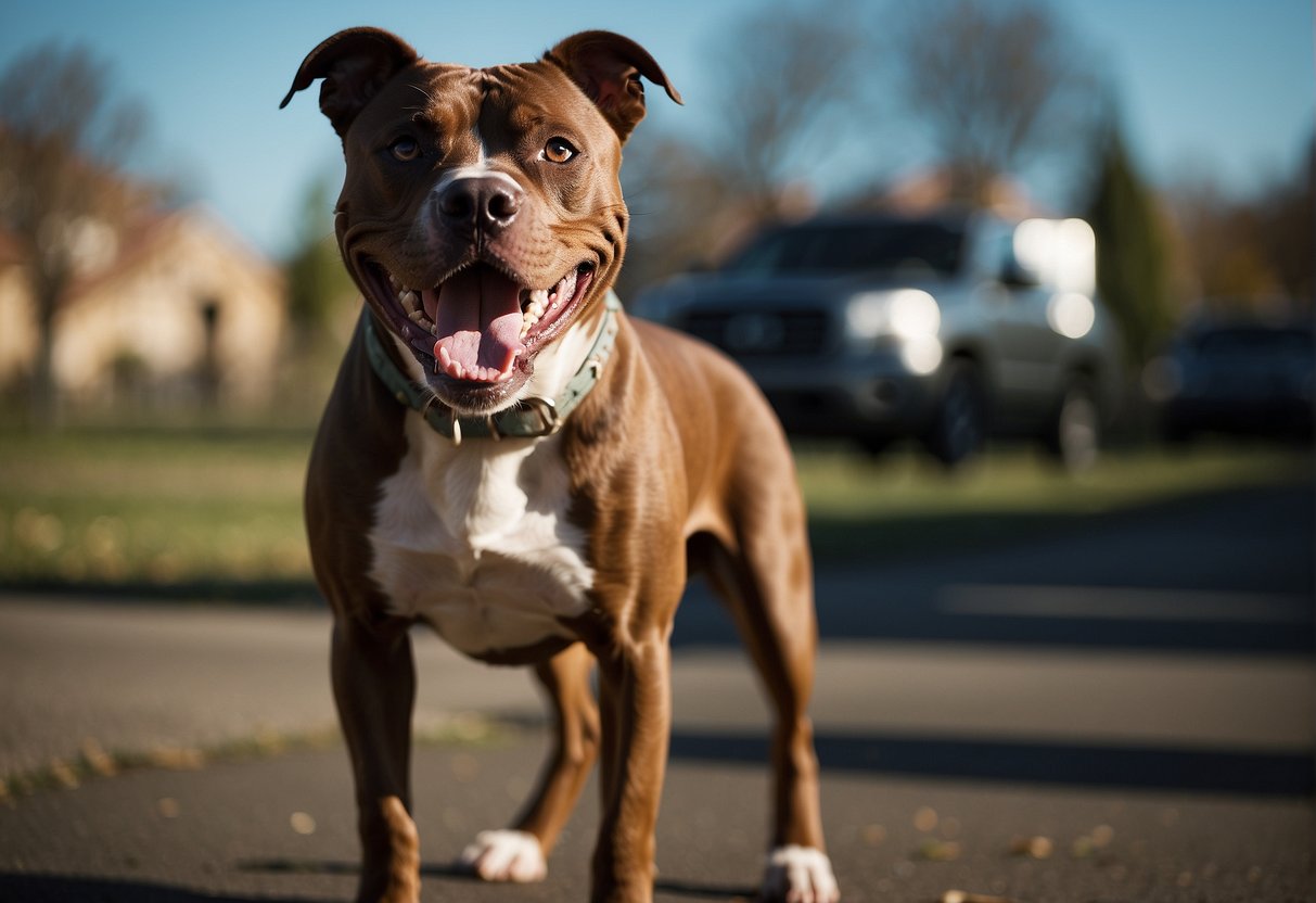 A snarling pit bull stands on guard, teeth bared and muscles tense. Its eyes lock onto its target with a menacing glare