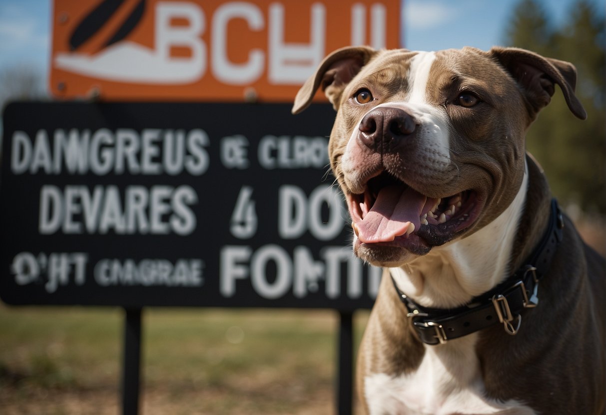 A snarling pit bull stands aggressively, teeth bared, in front of a "Dangerous Dog" sign