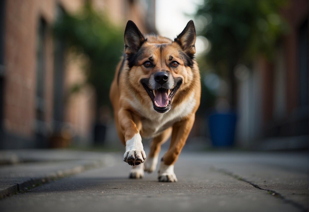 A snarling, muscular dog stands on alert, baring its sharp teeth and locking eyes with an unseen threat