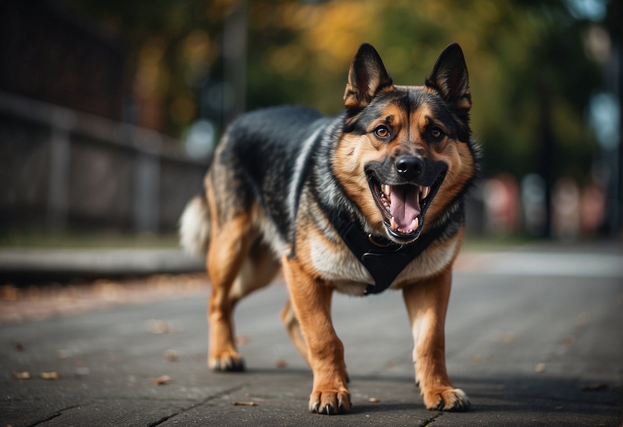 A snarling, muscular dog with sharp teeth and a menacing glare, standing in a defensive posture