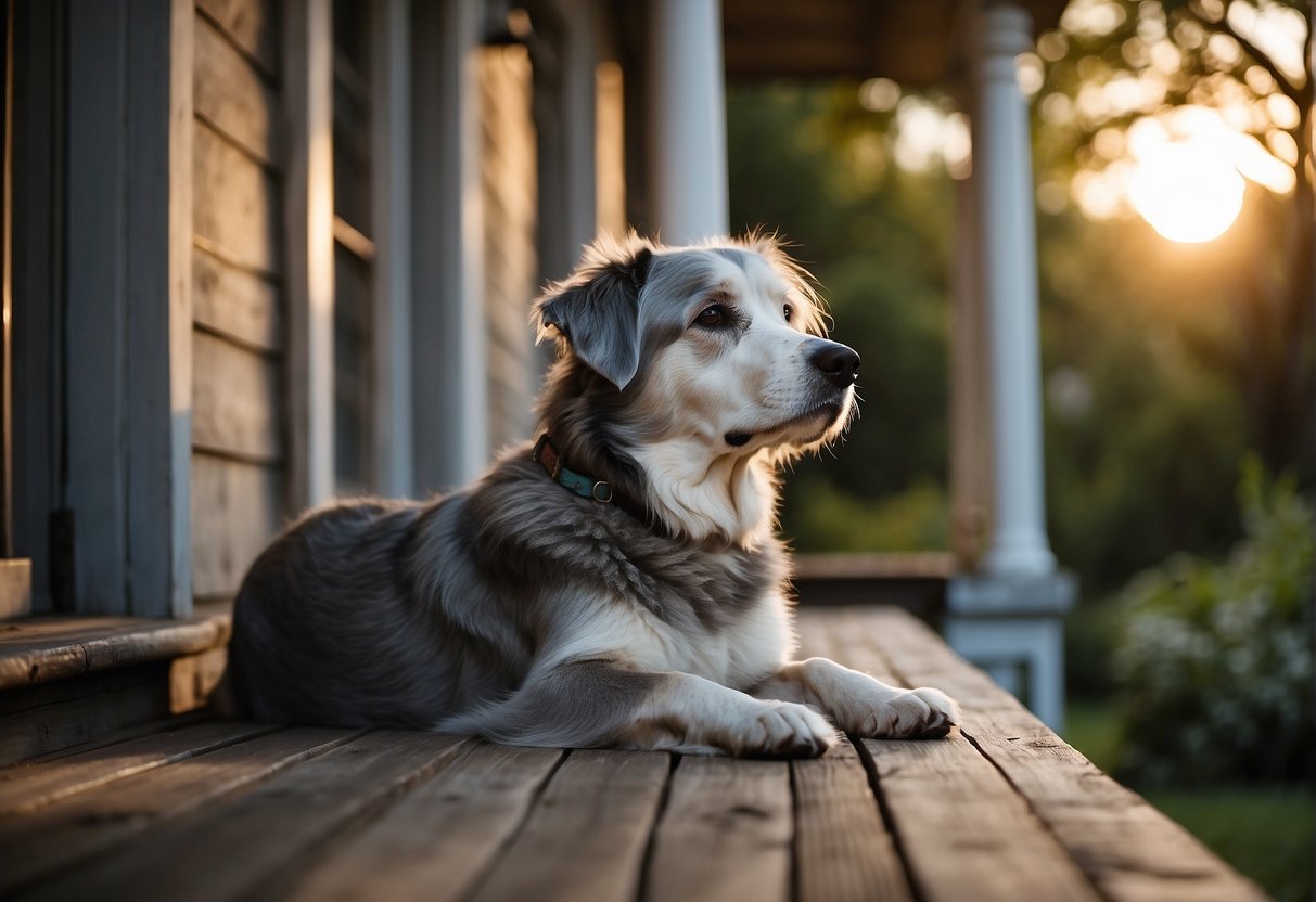 A gray-haired dog rests on a weathered porch, surrounded by ancient trees and a fading sunset