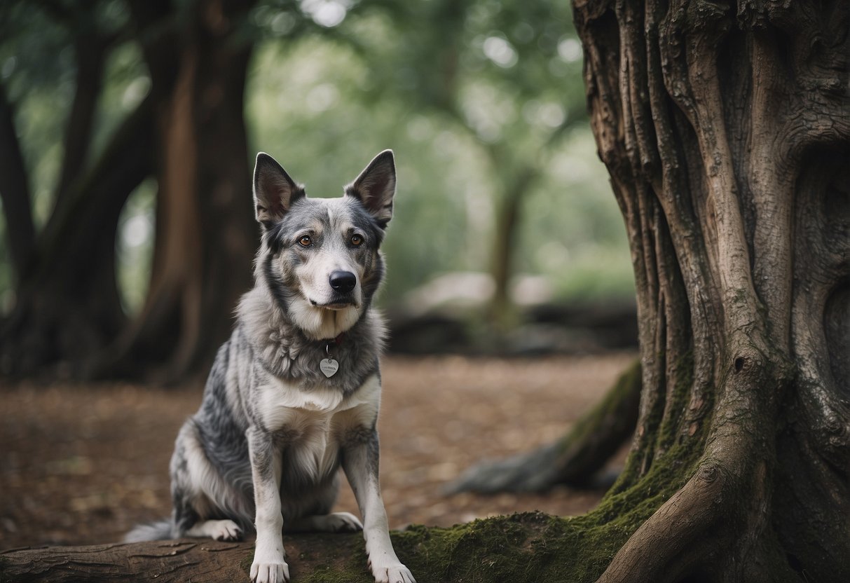 A grey-muzzled dog with wise eyes sits beside a weathered tree, surrounded by ancient artifacts