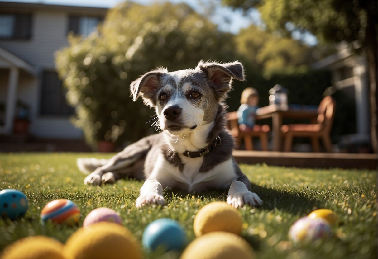 A gray-muzzled dog lounges in a sun-dappled yard, surrounded by toys and a water bowl. An old, wise look in its eyes hints at a long and happy life