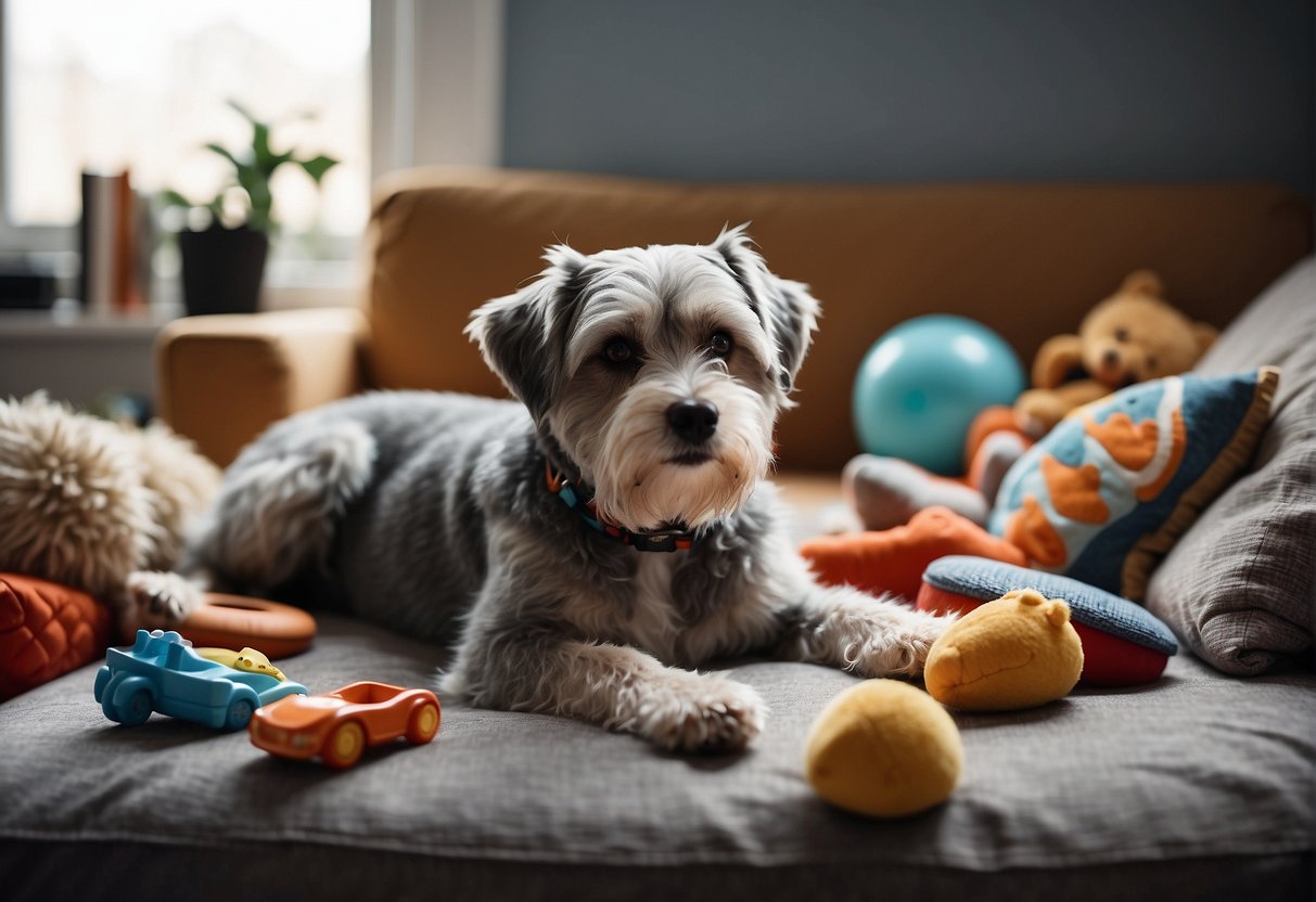A gray-haired dog lounges on a worn, cushioned bed, surrounded by a collection of well-loved toys and a bowl of water