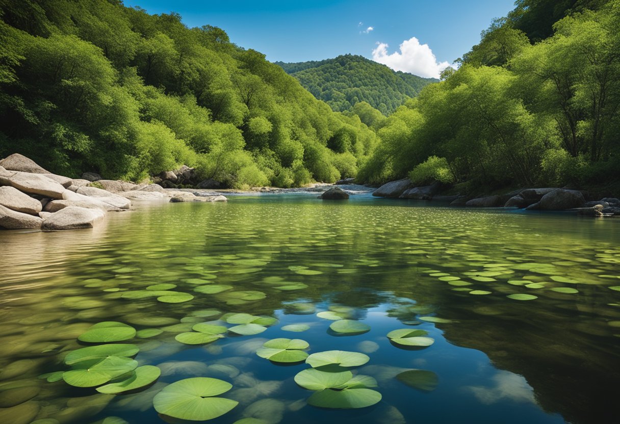 A serene landscape with a flowing river, lush greenery, and a clear blue sky, with a heart symbol subtly integrated into the scenery