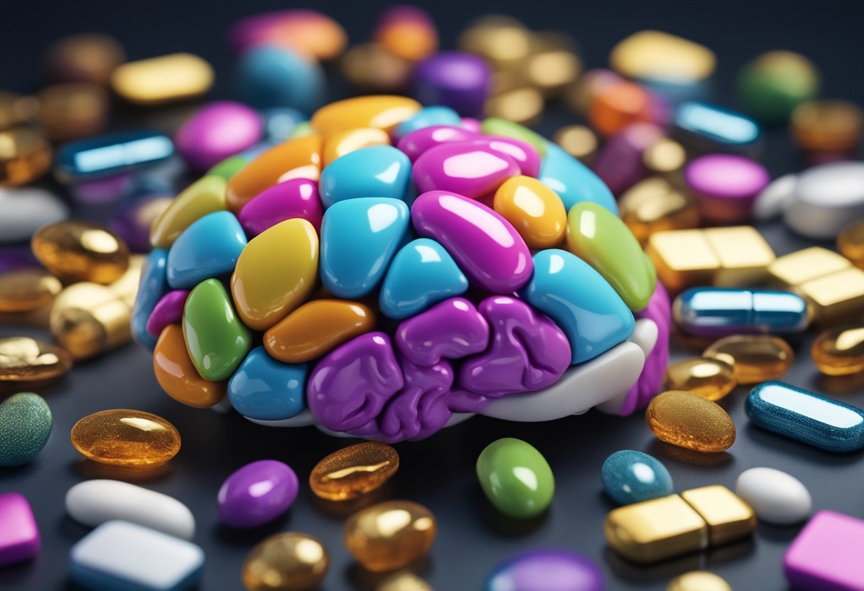 A vibrant brain surrounded by various cognitive and brain health supplements, radiating energy and vitality