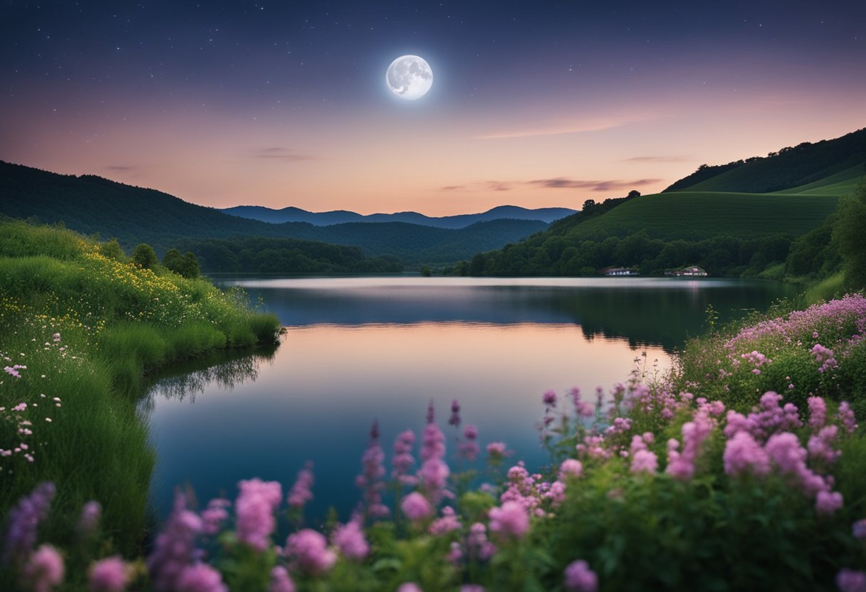 A serene night sky with a full moon shining down on a peaceful landscape of rolling hills and a tranquil lake, surrounded by lush greenery and vibrant flowers