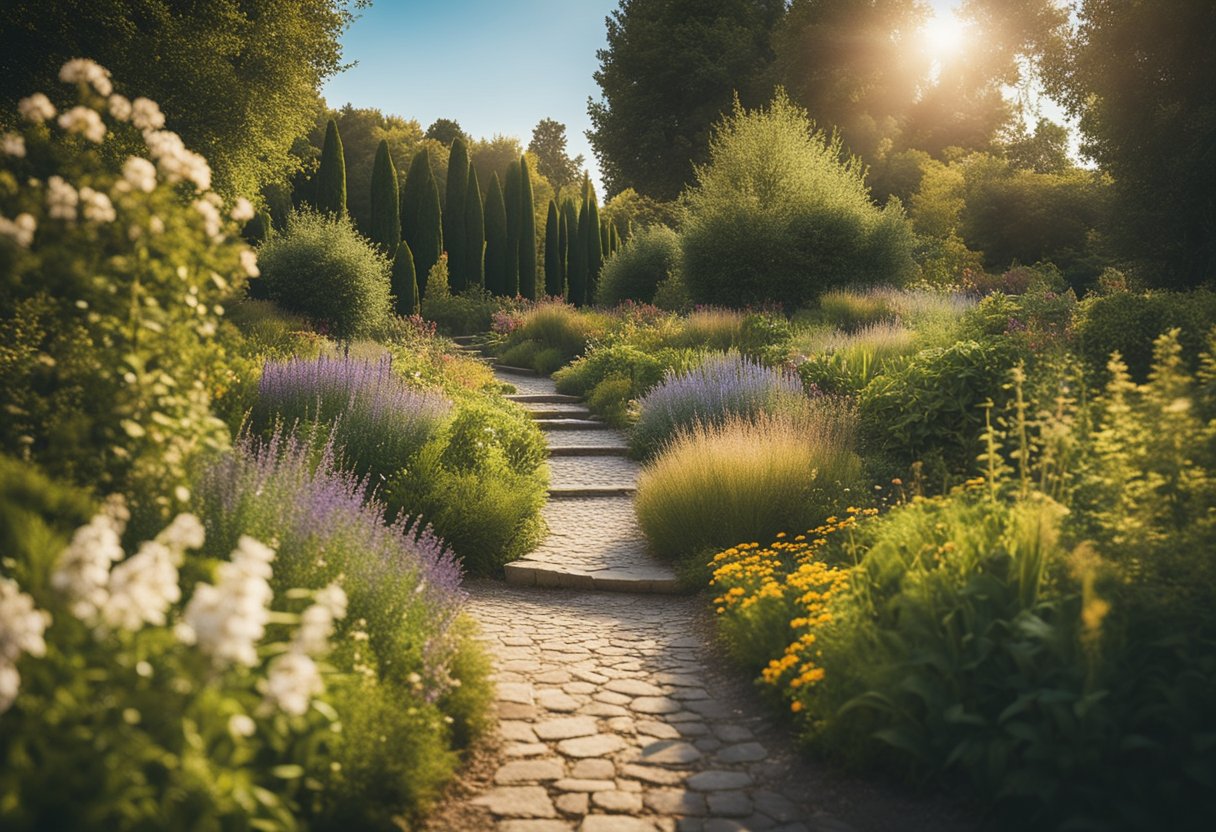 A serene landscape with a winding path leading to a vibrant garden filled with diverse plants and herbs, surrounded by a clear blue sky and warm sunlight