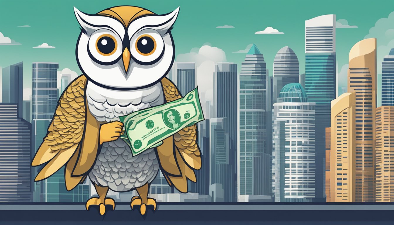 A wise owl with a stack of money faces off against a sleek Endowus logo in the Singapore skyline