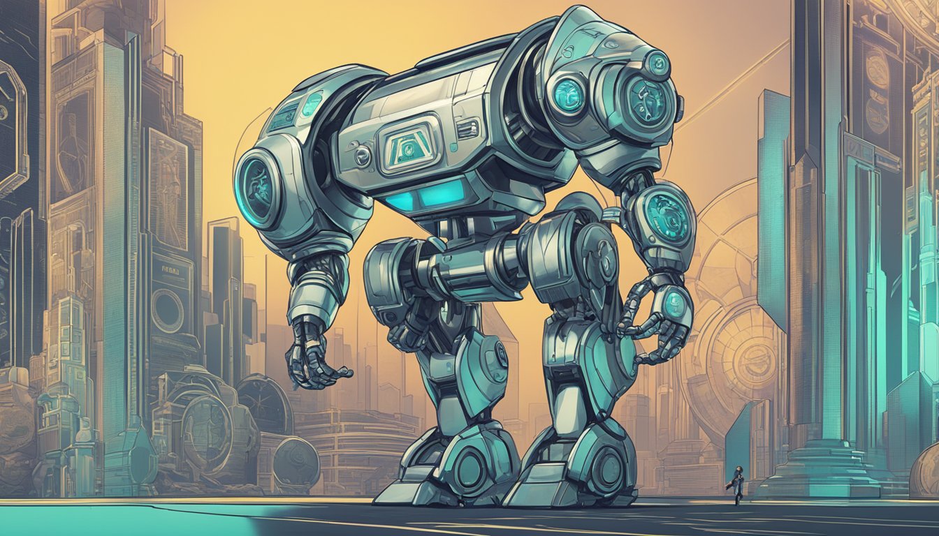 A futuristic robot with sleek, metallic features stands opposite a traditional, ornate fund symbol, representing the clash between Robo-Advisors and Traditional Funds in the investment world