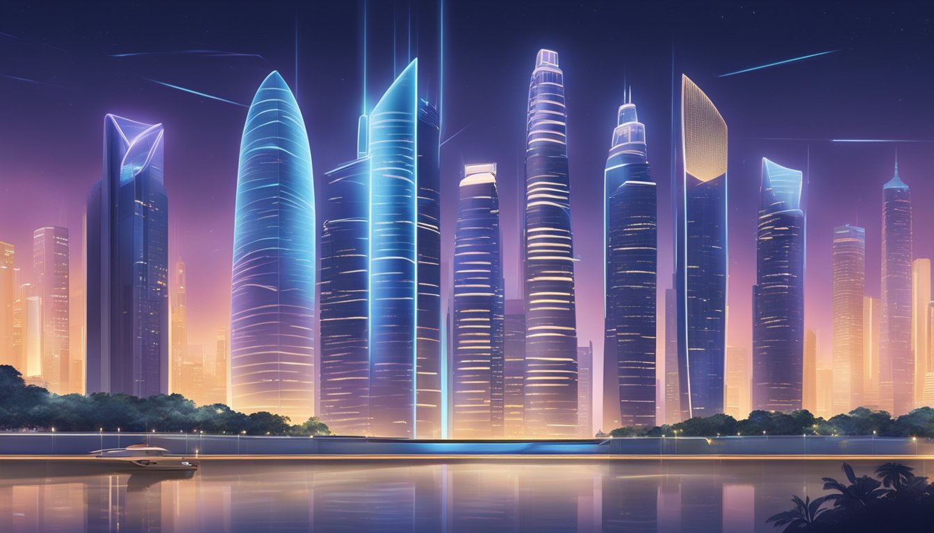 A futuristic cityscape with two towering investment firms, moneyowl and endowus, facing off in Singapore. Bright lights and sleek architecture convey a sense of innovation and competition