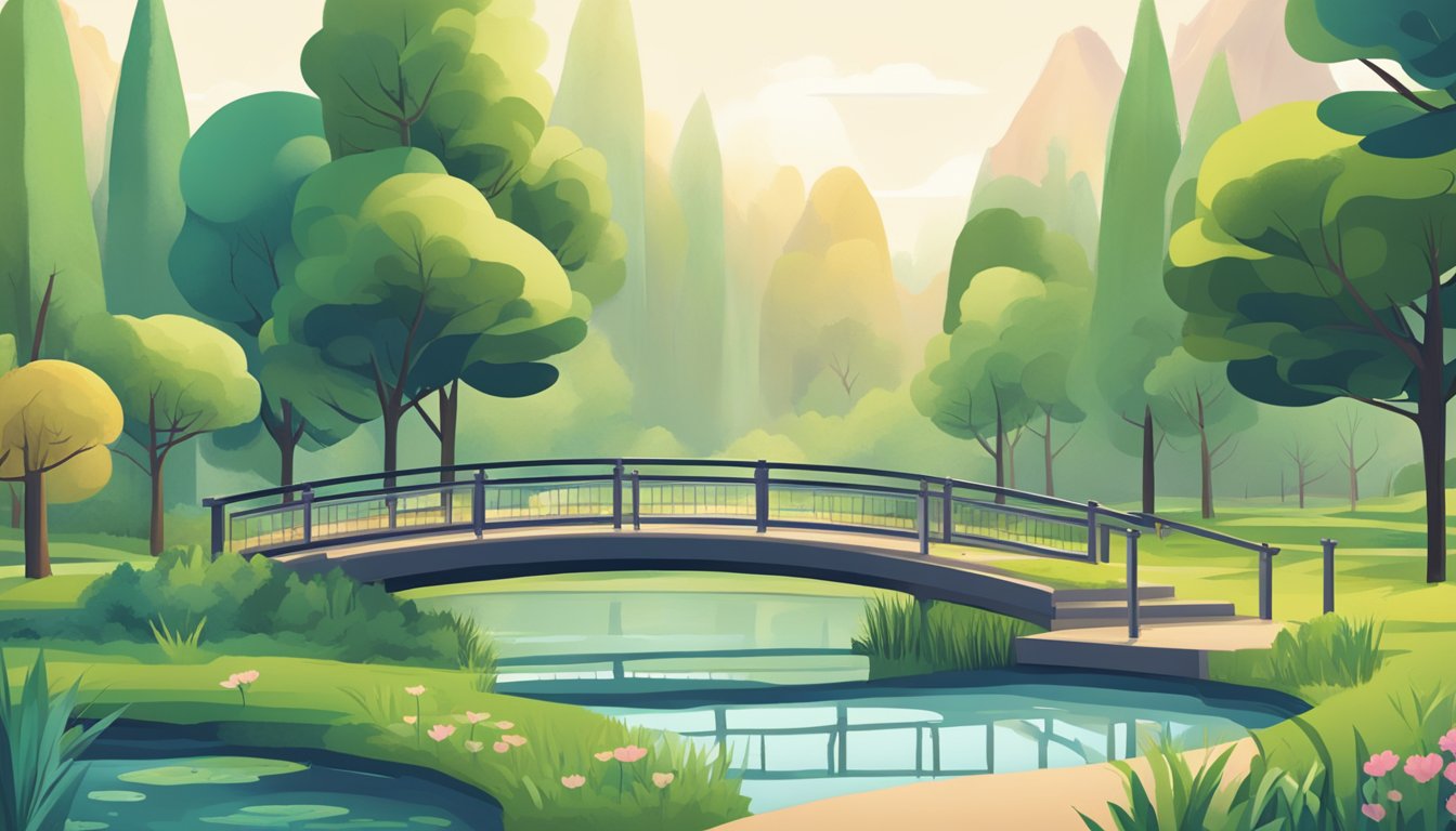 A serene park with a peaceful pond, surrounded by lush greenery. A signpost points to "Passive Income Investment" options with logos of MoneyOwl and Endowus