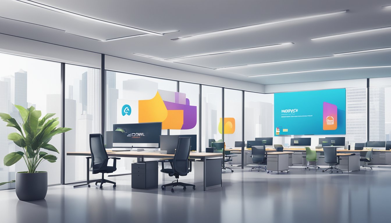 A sleek, modern office space with two competing companies' logos displayed prominently. MoneyOwl and Endowus logos are featured on separate banners, representing the competitive landscape of user experience and support investment in Singapore