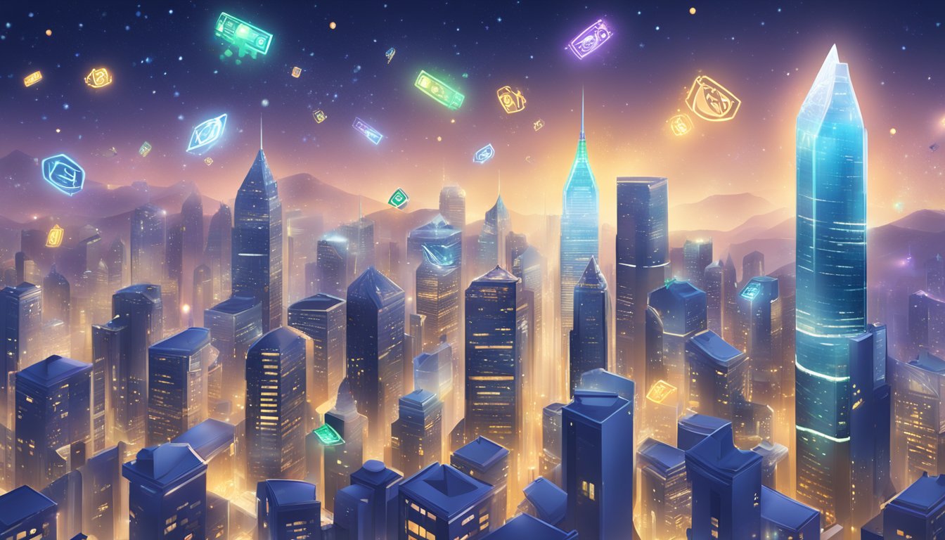 A bustling city skyline with moneyowl and endowus logos shining brightly in the foreground, surrounded by a flurry of financial activity and investment symbols