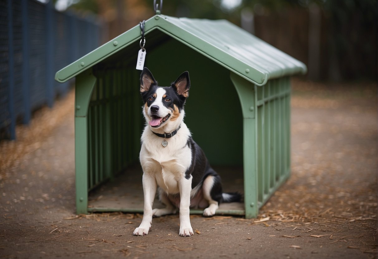 A dog sitting in a shelter with a price tag on its kennel