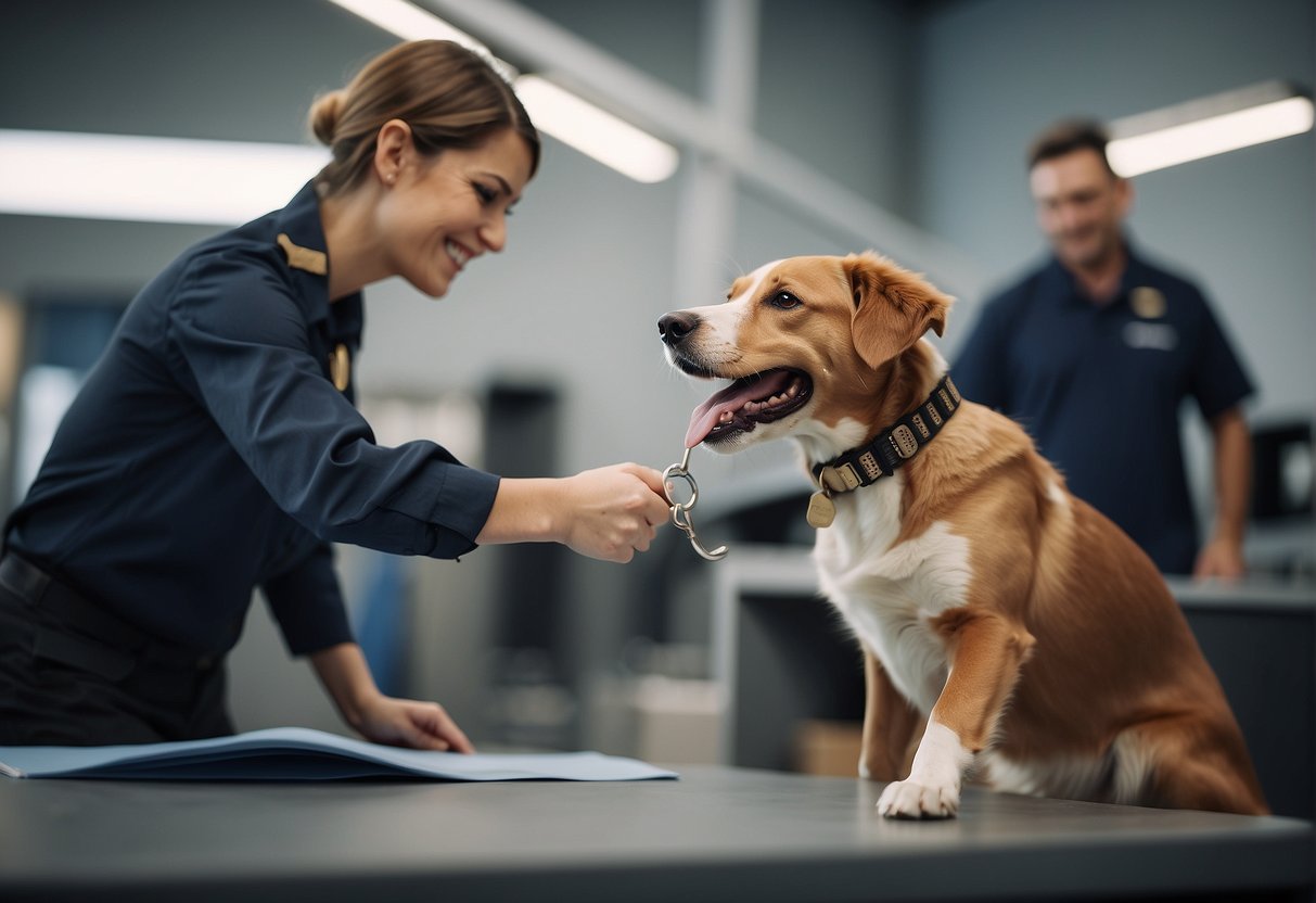 A dog happily wagging its tail as it is being adopted from a shelter, with a staff member handing over the adoption papers and a new collar