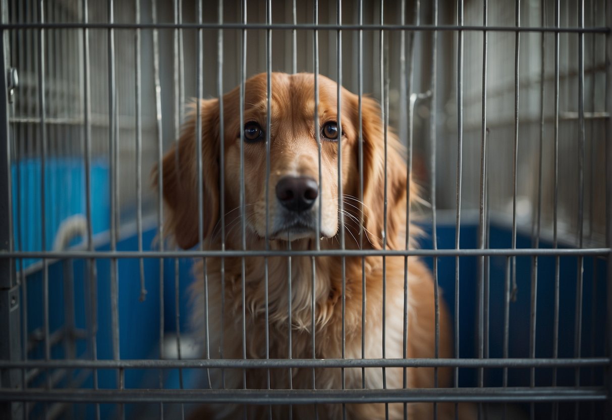 A dog sits in a cage at the animal shelter, looking out with hopeful eyes. The surroundings are clean and well-maintained, with a few toys scattered around