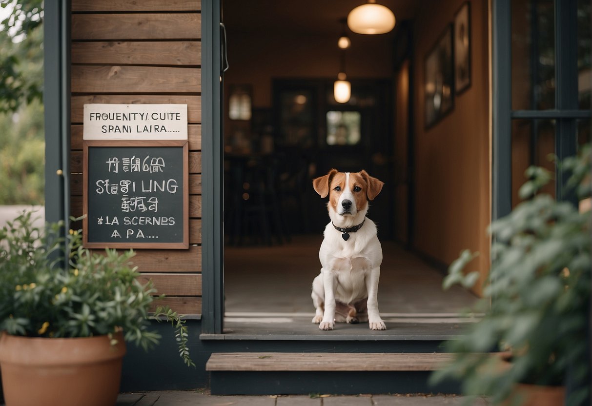 A dog sitting in a cozy corner of a shelter, with a sign above that reads "Frequently Asked Questions: combien coute un chien a la spa"