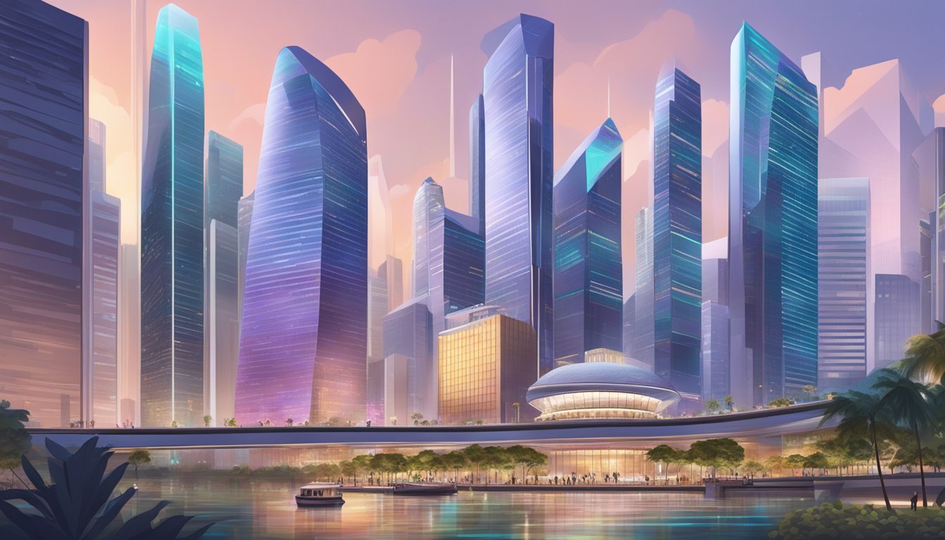 A bustling financial district in Singapore, with skyscrapers and digital art galleries showcasing NFT investments