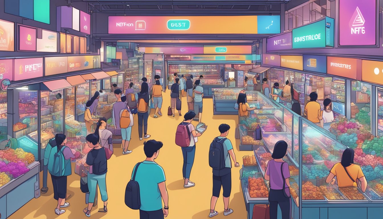 A bustling NFT marketplace in Singapore, with investors browsing digital art and collectibles