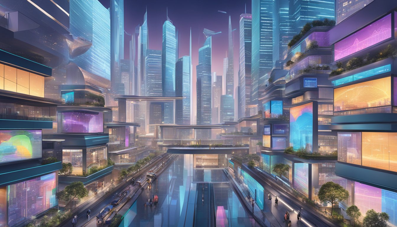 A futuristic cityscape with digital art galleries, financial charts, and NFT logos displayed on screens in a bustling financial district in Singapore