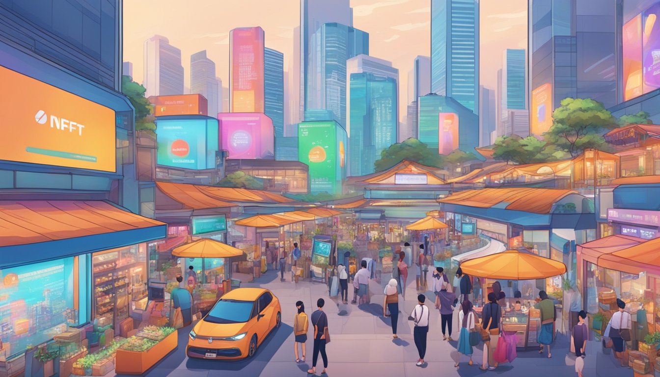 A bustling marketplace in Singapore, with digital art displays and NFT investment listings. The scene is vibrant and tech-savvy, with a mix of traditional and modern elements