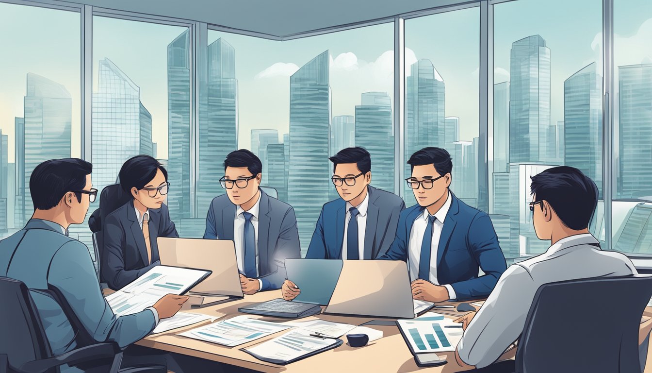 A group of investors analyzing data and charts, discussing risk assessment and management for mutual funds in a modern office in Singapore