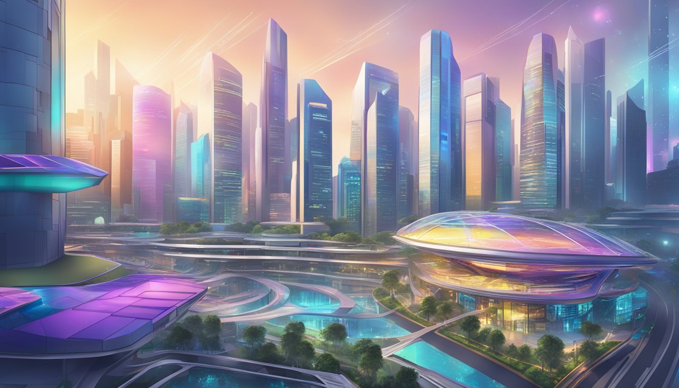 A futuristic city skyline with digital art galleries, financial institutions, and blockchain technology hubs in Singapore