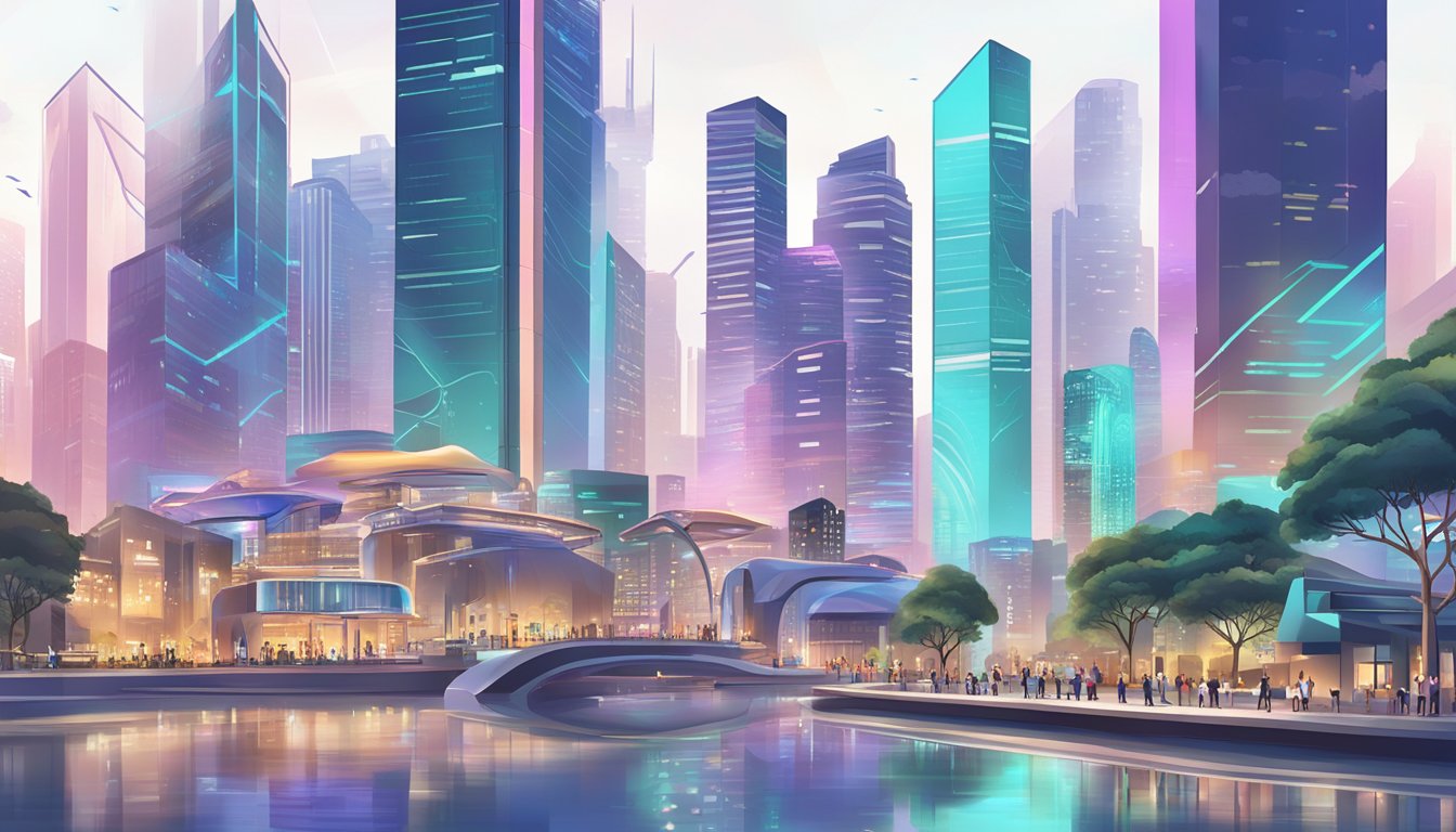 A bustling financial district in Singapore, with digital art galleries and investment firms showcasing NFT artwork. The skyline is dotted with futuristic buildings, symbolizing the growing ecosystem of NFT art investment