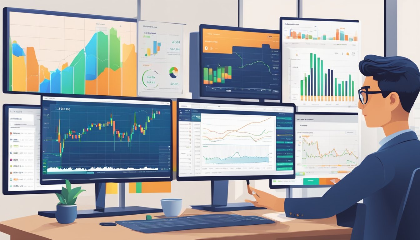 A modern trading platform with various tools, charts, and graphs. A person opens an investment brokerage account in Singapore