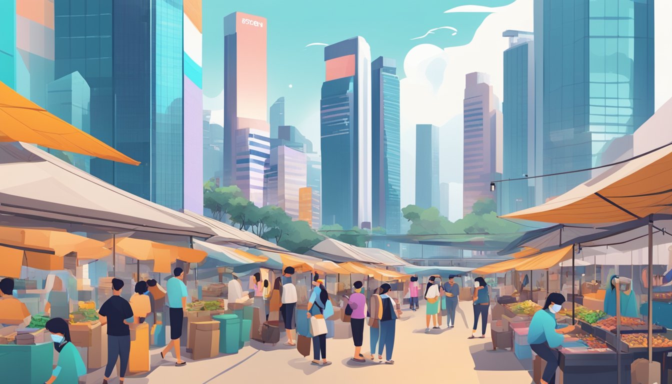A bustling marketplace in Singapore with various digital assets being traded, including NFTs for diverse applications beyond traditional art