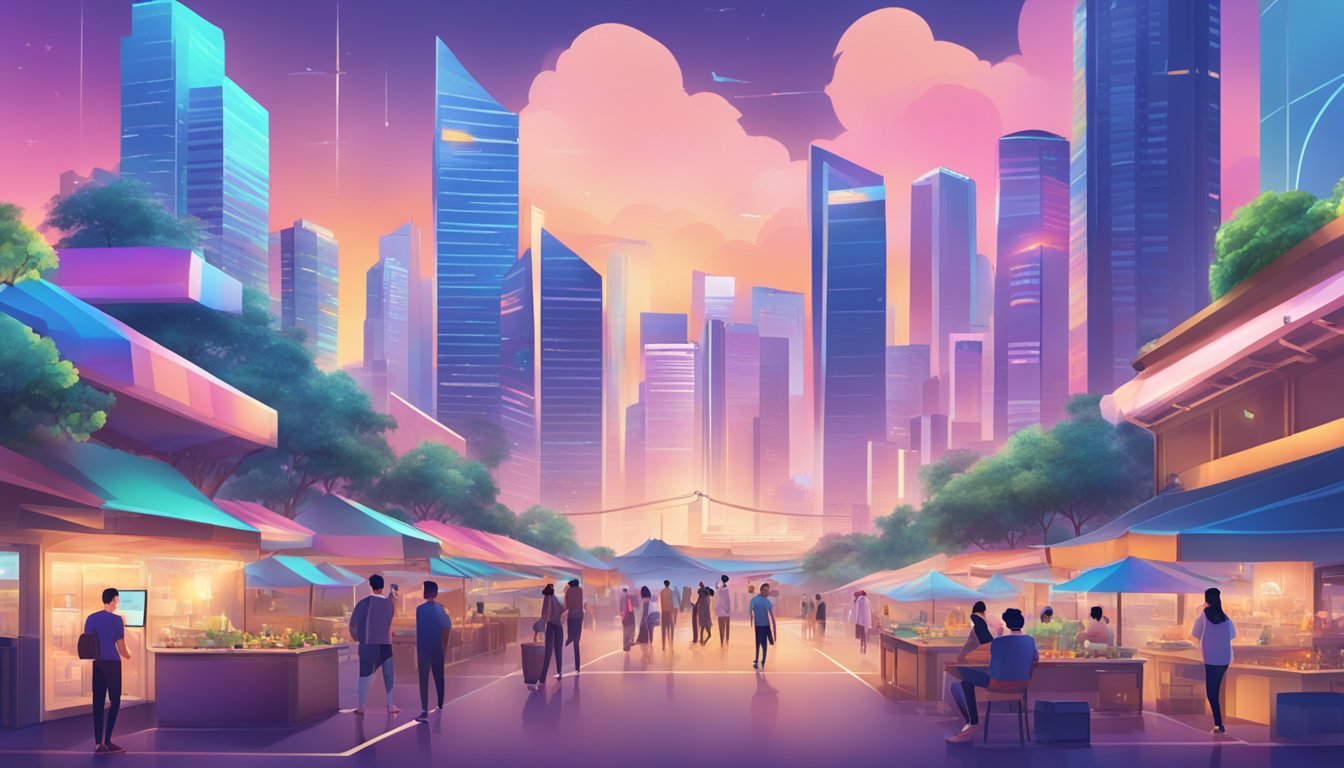 A bustling digital marketplace with NFTs and Metaverse investments, set against the backdrop of Singapore's iconic skyline