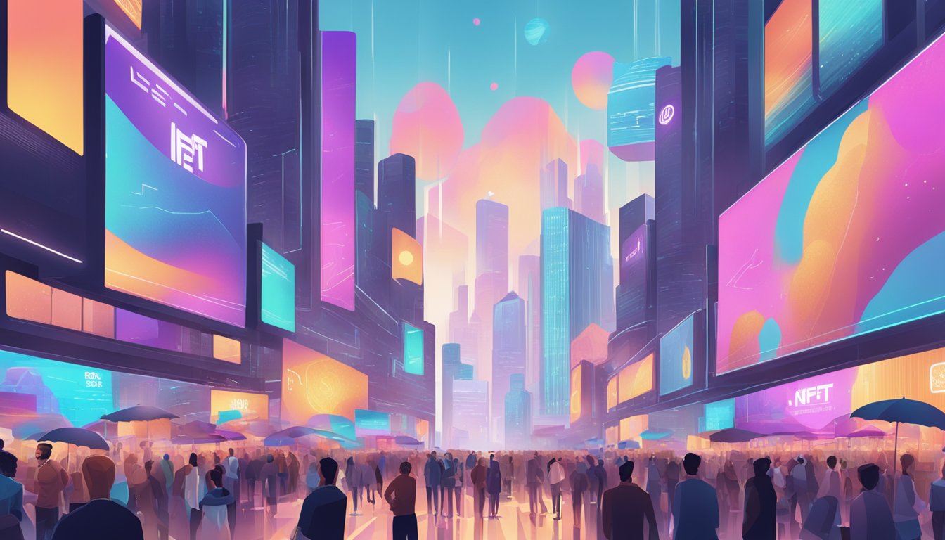 A futuristic cityscape with digital billboards displaying NFT artwork, surrounded by investors and traders in a bustling marketplace