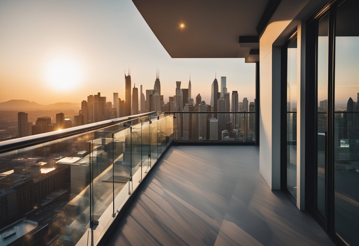 A modern balcony with sleek glass railings overlooking a city skyline at sunset