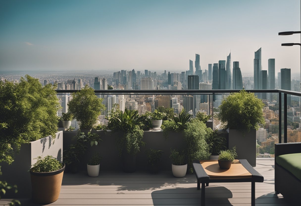 A spacious balcony with modern furniture and green plants, overlooking a city skyline