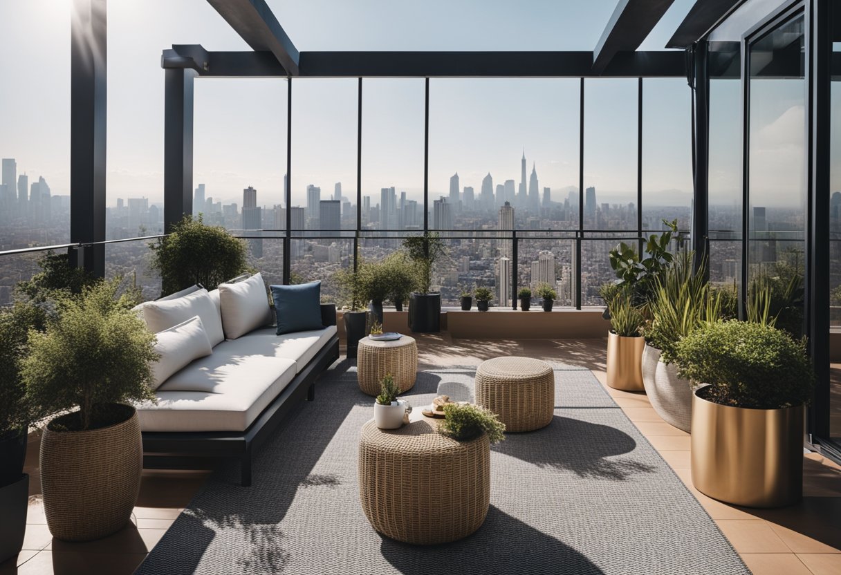 A spacious balcony with modern furniture, potted plants, and a cozy outdoor rug. The railing is made of sleek metal, and the view overlooks a city skyline