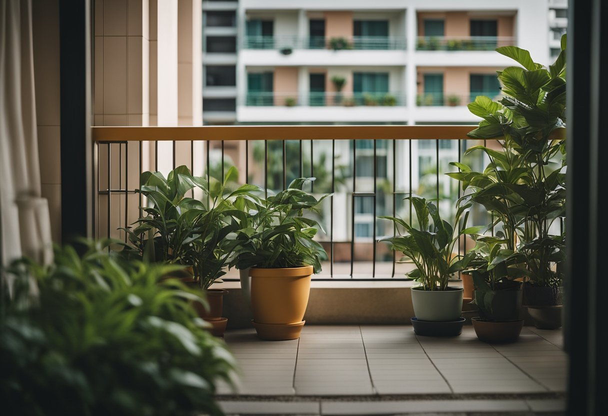 A cozy hdb maisonette balcony with potted plants, comfortable seating, and soft lighting for a relaxing and inviting atmosphere