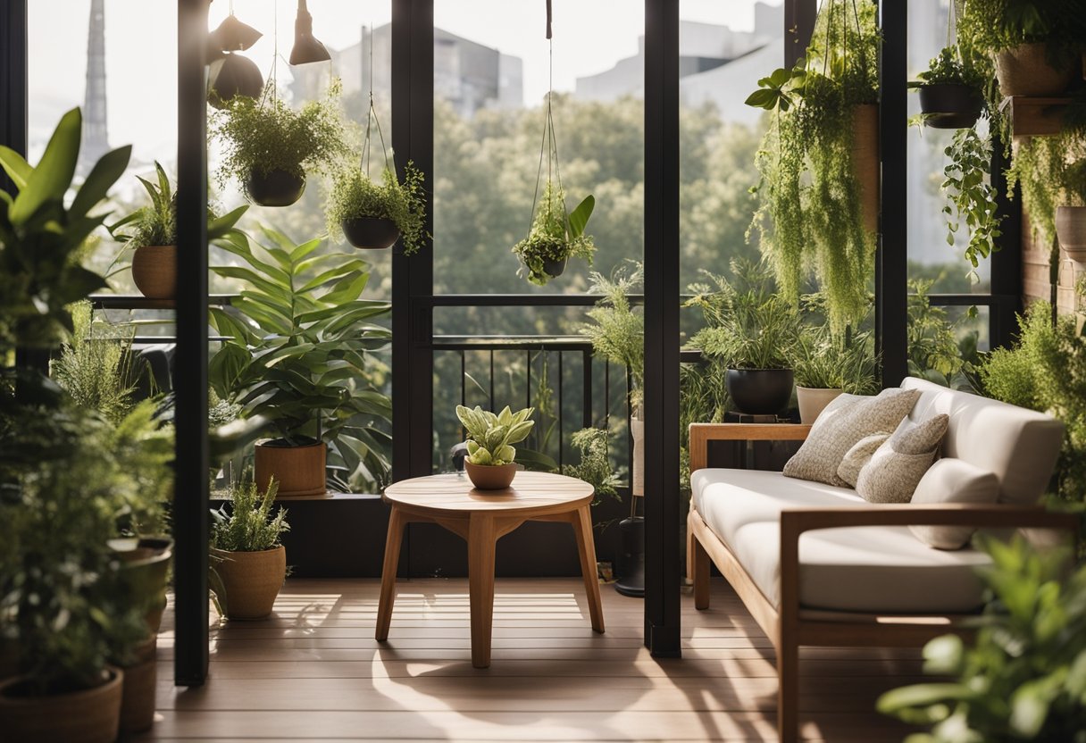 A lush balcony oasis with hanging plants, wooden furniture, and a cozy seating area. The space is filled with greenery, creating a tranquil and inviting atmosphere