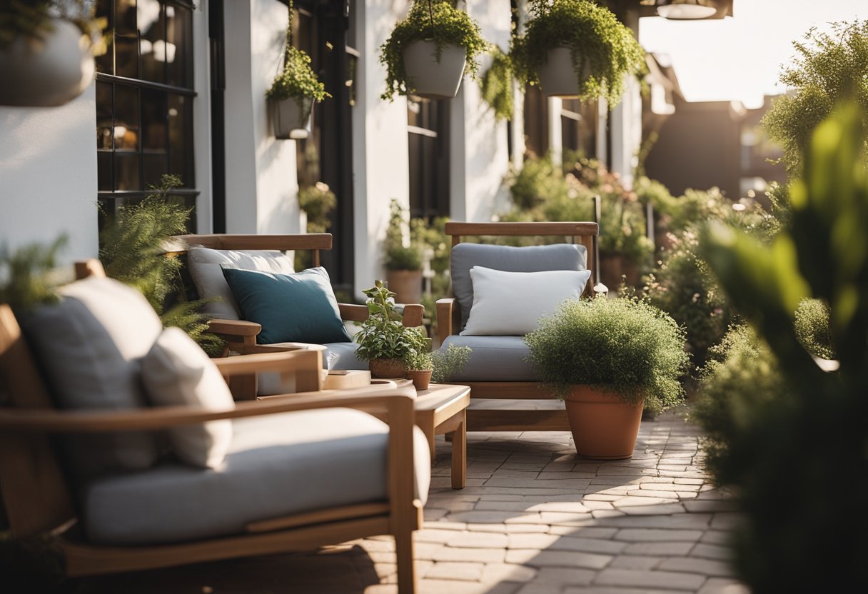 A cozy outdoor space with comfortable seating, potted plants, and soft lighting, perfect for relaxation and unwinding
